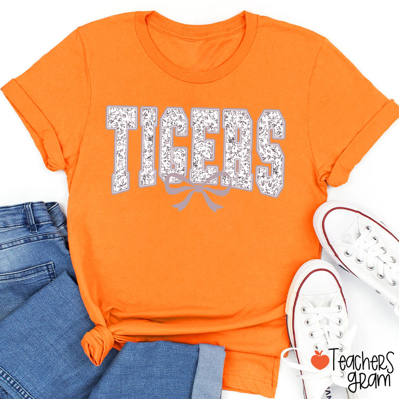 Personalized Mascot Floral Printing Coquette Bow Teacher T-Shirt
