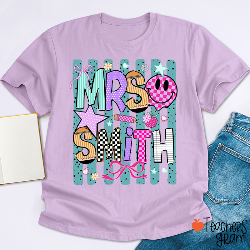 Personalized Grade Coquette Preppy Stripes Teacher T-Shirt