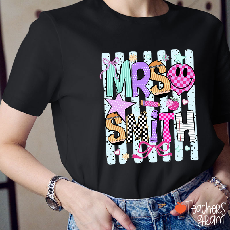 Personalized Grade Coquette Preppy Stripes Teacher T-Shirt