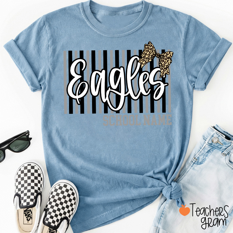 Personalized School Mascot Stripe Leopard Bow Teacher T-Shirt