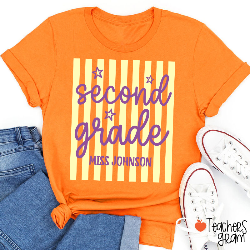 Personalized Grade Blue Gingham Stripes Teacher T-Shirt