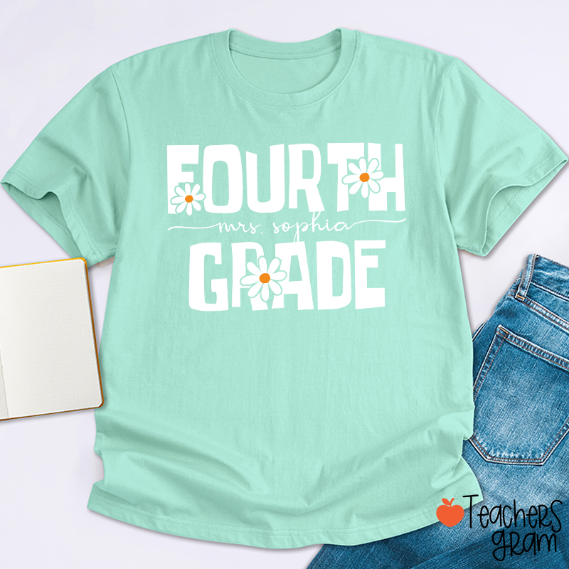 Personalized Name And Grade Daisy Floral Teacher T-Shirt