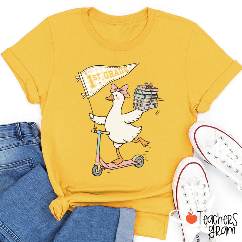 Personalized Grade Scooter Silly Goose Pennant Book Stack Teacher T-Shirt