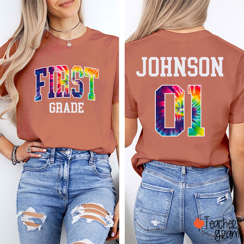 Personalized Grade And Name Tie-dye Letter Teacher Two Sided T-Shirt