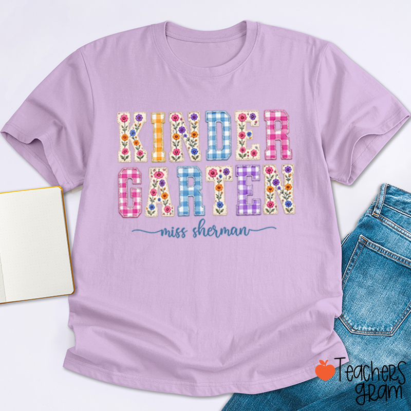Personalized Name Floral Gingham Teacher T-Shirt