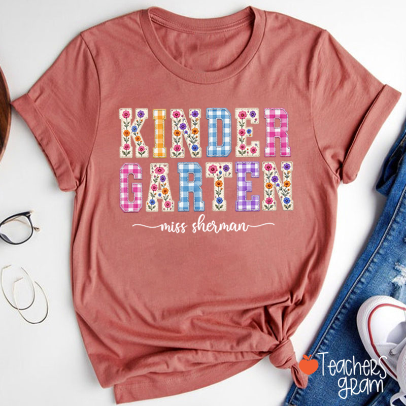Personalized Name Floral Gingham Teacher T-Shirt