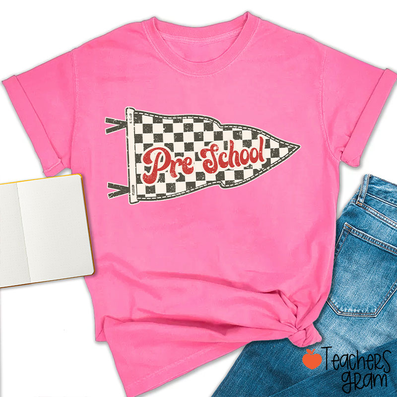 Personalized Grade Checkered Pennant Flag Vintage Retro Preschool Teacher T-Shirt