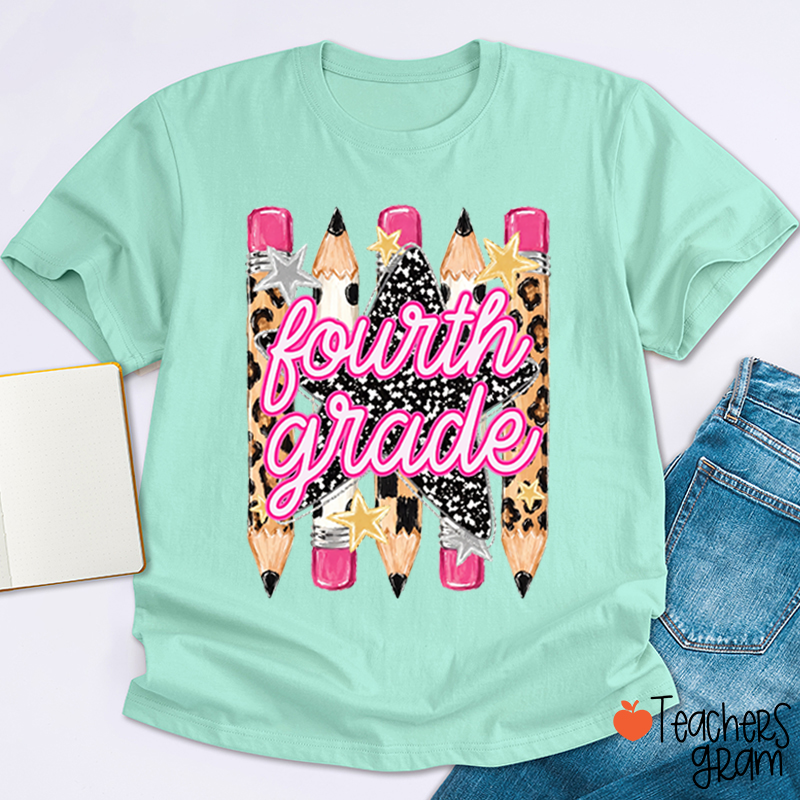 Personalized Grade Name Leopard Star Pencil Teacher T-Shirt