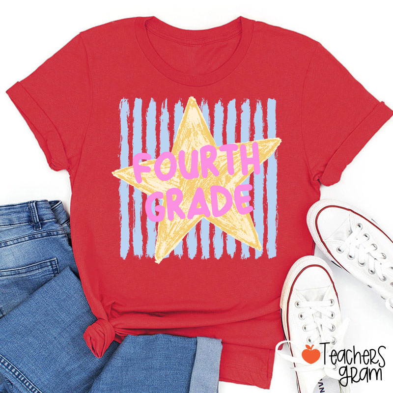 Personalized Grade Stripe Star Pattern Teacher T-Shirt