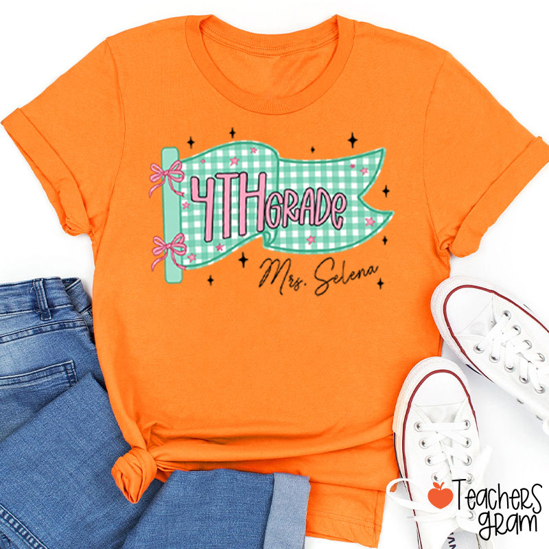 Personalized Name And Grade Gingham Pennant Bow Star Teacher T-Shirt