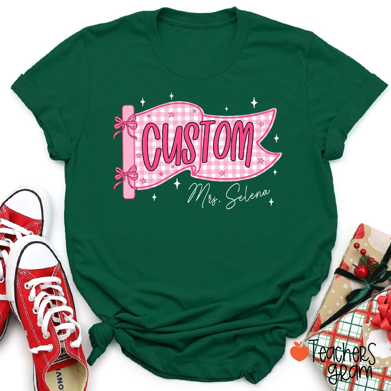 Personalized Name And Grade Gingham Pennant Bow Star Teacher T-Shirt