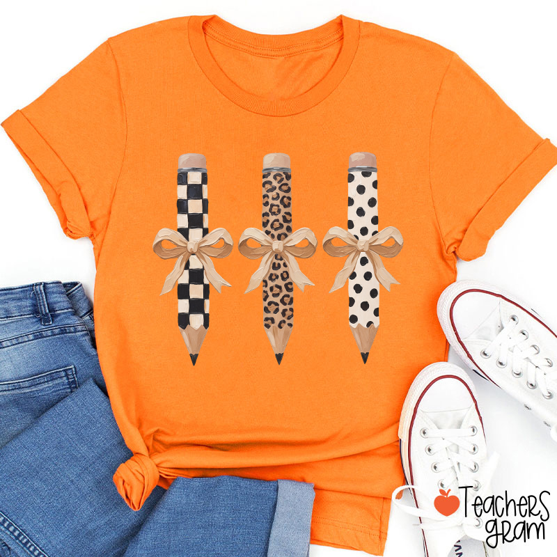 Checkerboard Leopard And Polka Dot Bow Pencil Teacher T-Shirt