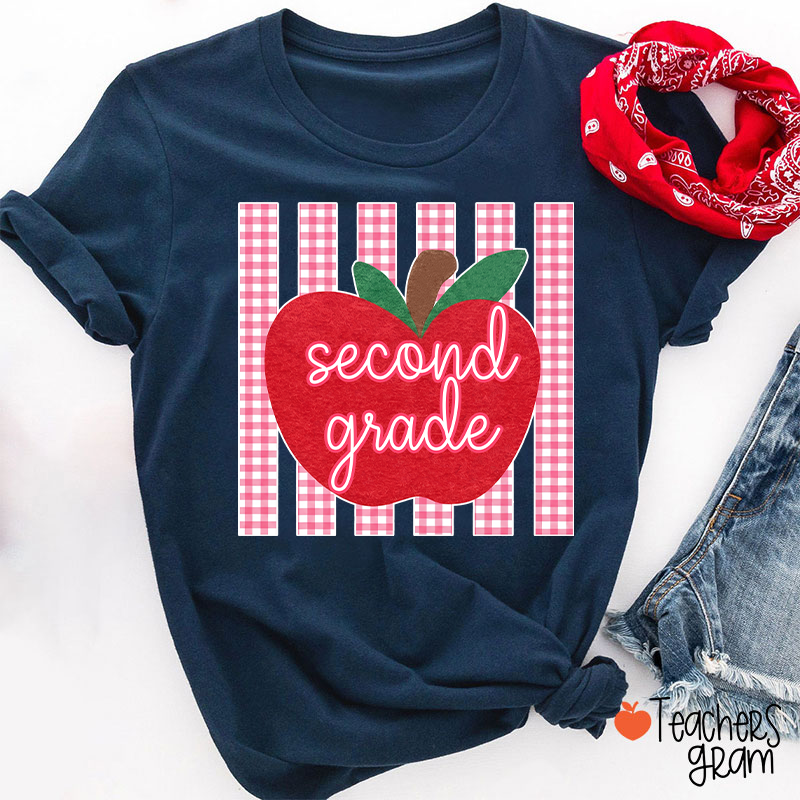 Personalized Grade Gingham Apple Teacher T-Shirt