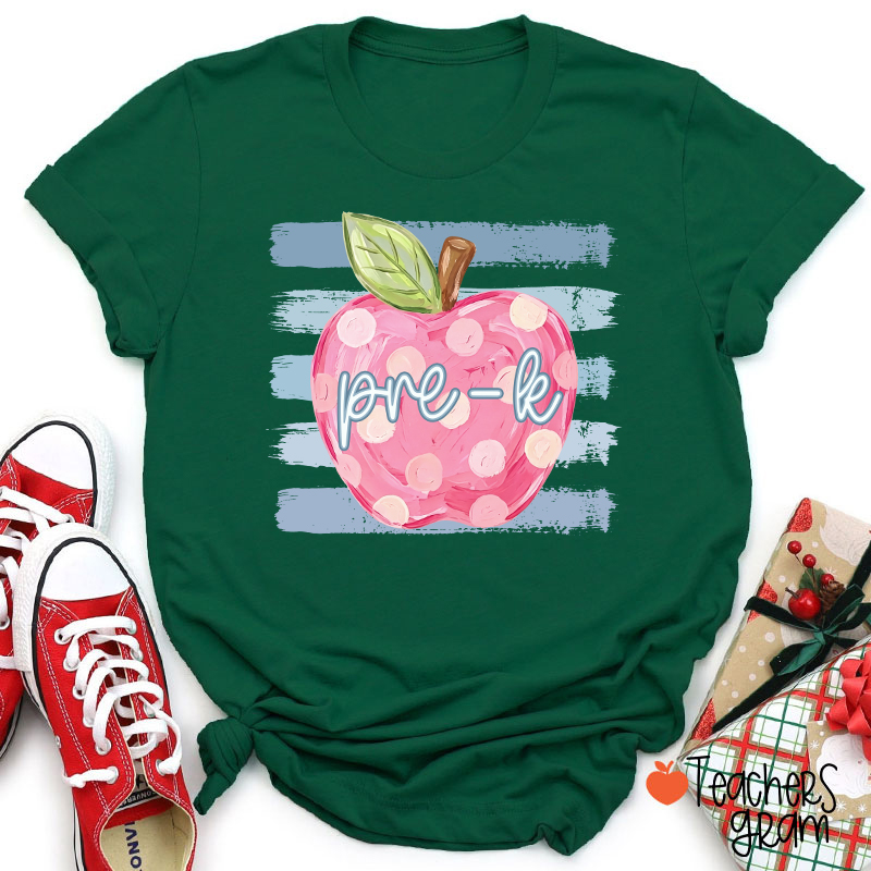 Personalized Grade Pink Polka Dot Apple Blue Brush Stripe Teacher T-Shirt