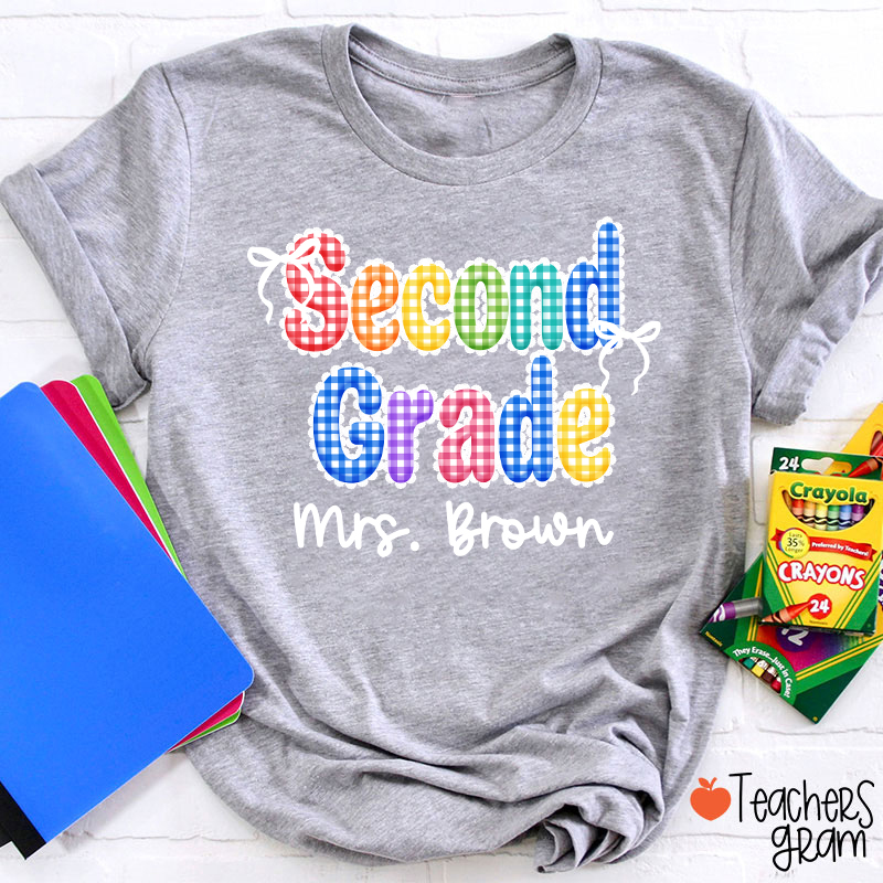 Personalized Grade Name Rainbow Gingham Teacher T-Shirt