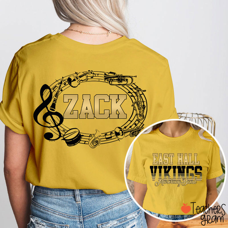Personalized Band Music Note Mascot Two Sided Teacher T-Shirt