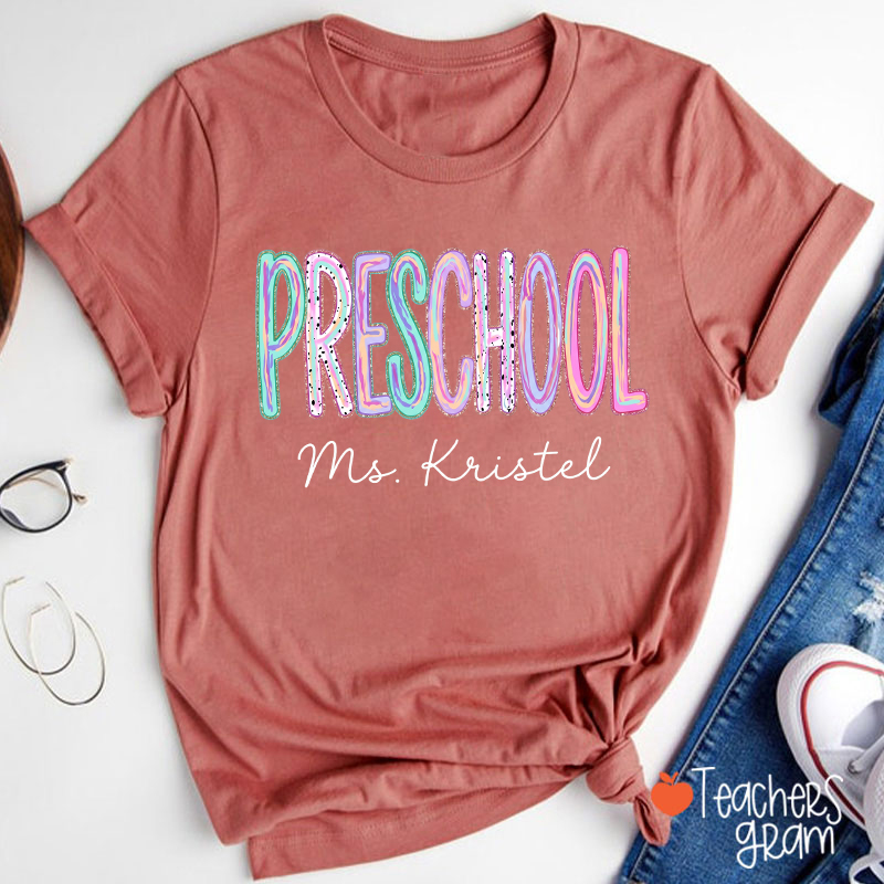 Personalized Grade Rainbow Doodle Name Teacher T-Shirt