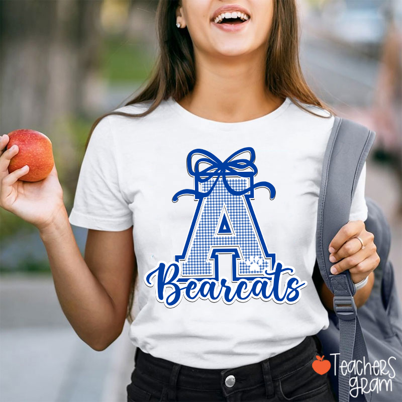 Personalized Mascot Gingham Varsity Coquette Bow Teacher T-Shirt