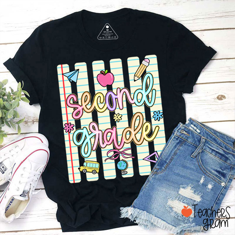 Personalized Grade Notebook Stripes Cute Icons Teacher T-Shirt
