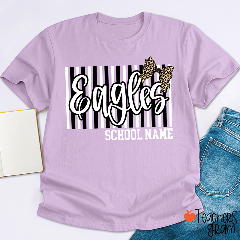 Personalized School Mascot Stripe Leopard Bow Teacher T-Shirt