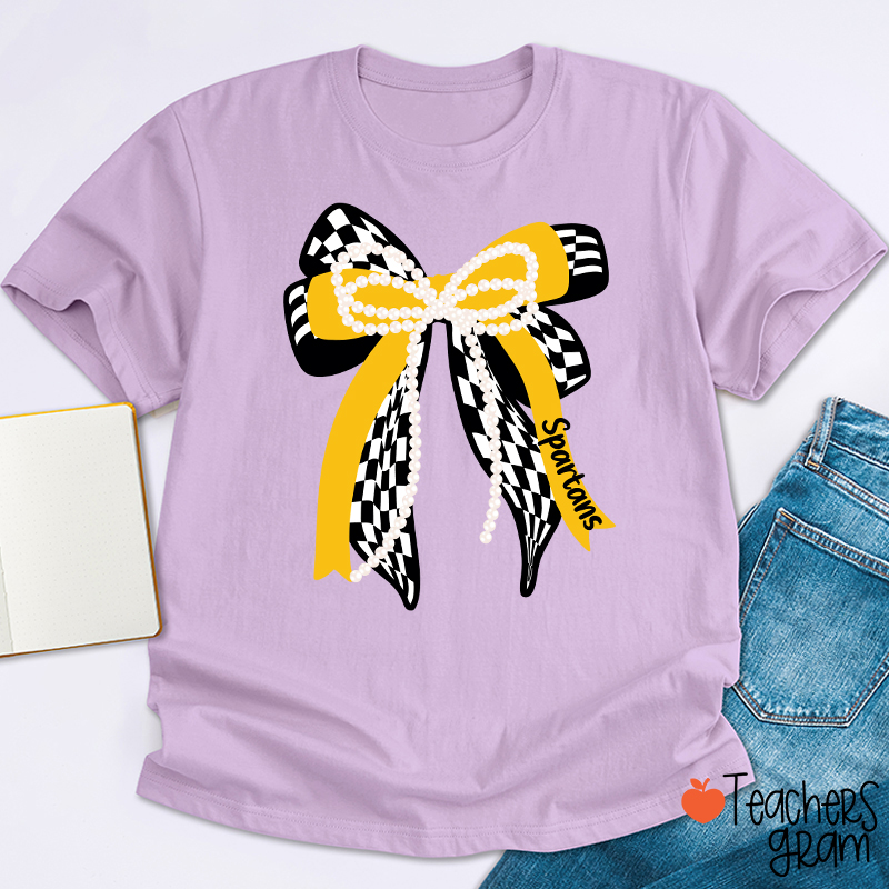 Personalized Mascot Cute Bow School Spirit Graphic Teacher T‑Shirt
