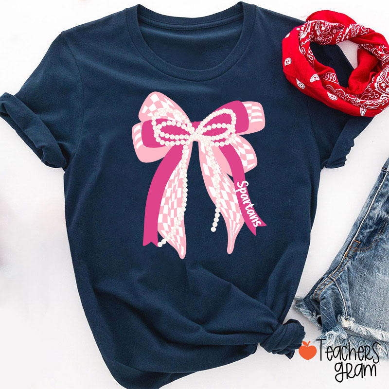 Personalized Mascot Cute Bow School Spirit Graphic Teacher T‑Shirt
