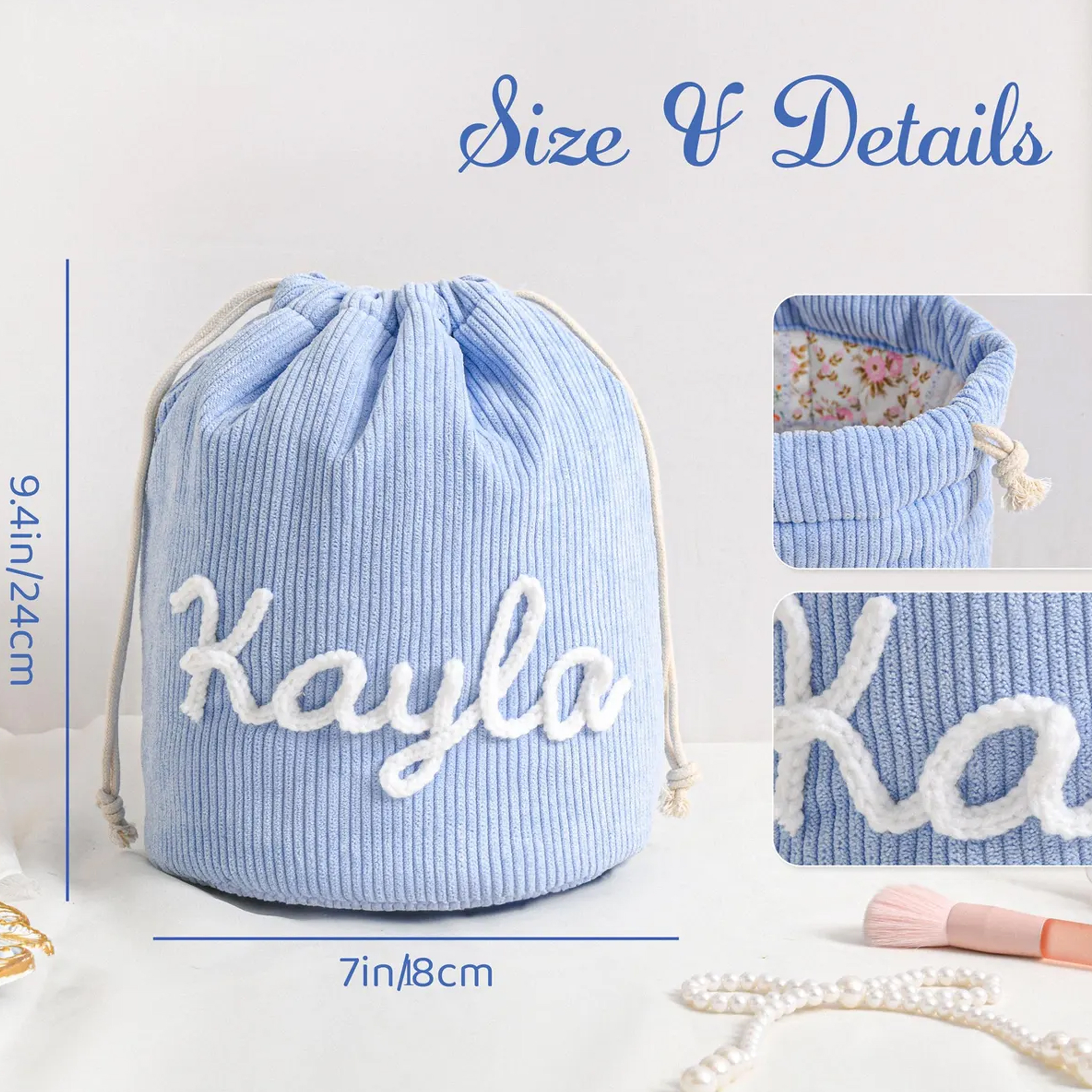 Personalized Embroidered Corduroy Cylindrical Makeup Bag