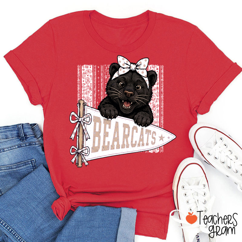 Personalized Mascot Bow Pennant Paisley Striped Graphic Teacher T‑Shirt