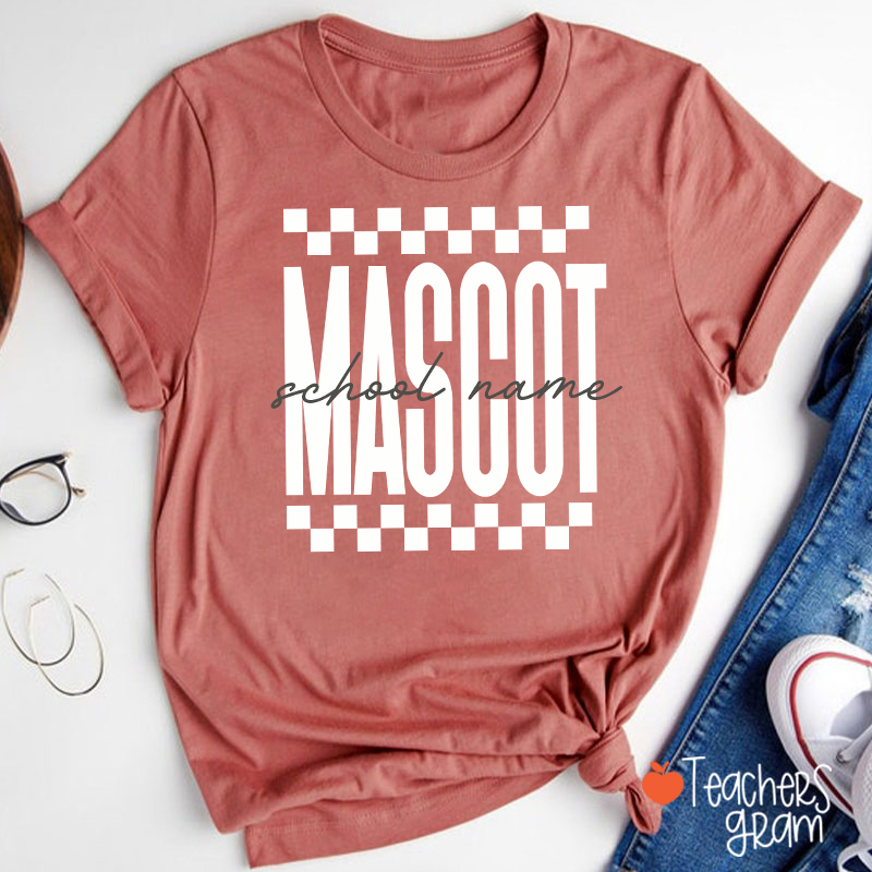 Personalized Mascot Sport Checkered Script Teacher T-Shirt