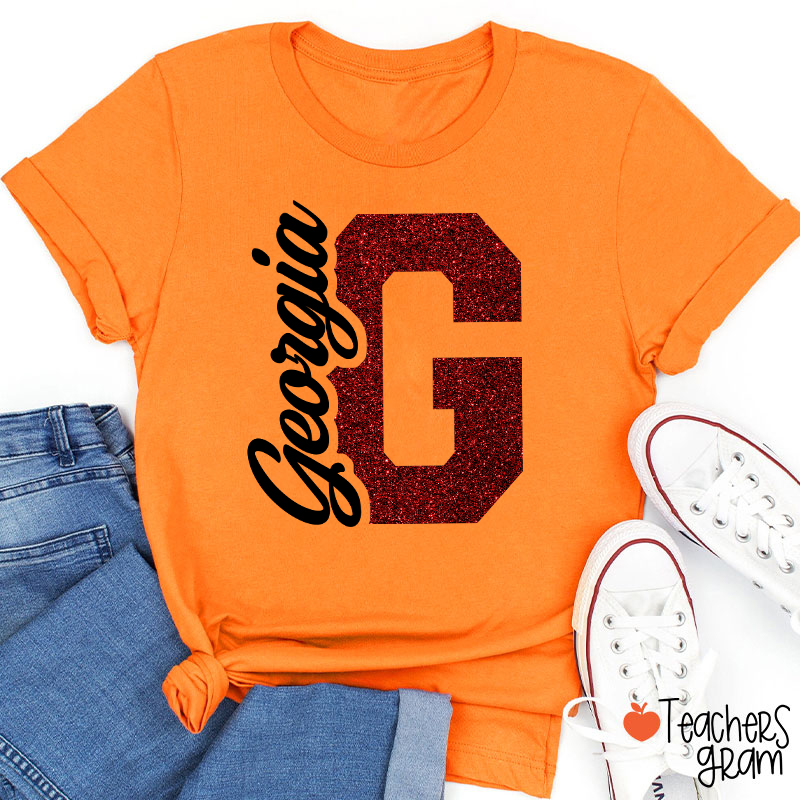 Personalized Mascot Initial Glitter Print Puff Printed Teacher T‑Shirt
