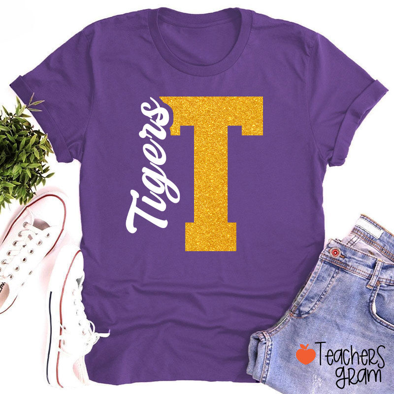 Personalized Mascot Initial Glitter Print Puff Printed Teacher T‑Shirt