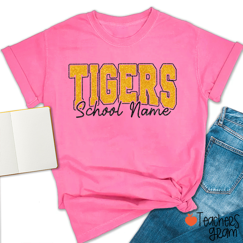 Personalized Mascot School Name Glitter Teacher T‑Shirt