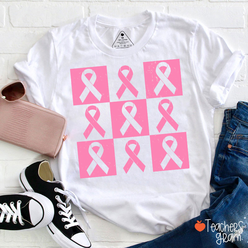 Pink Ribbon Breast Cancer Awareness Teacher T-Shirt