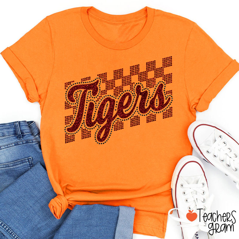 Personalized Mascot Glitter Checkered Script Teacher T‑Shirt