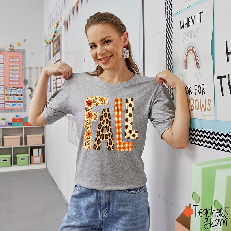 Vintage Patchwork Fall Letter Teacher T‑Shirt