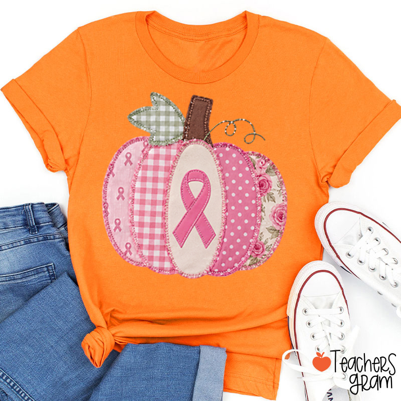 Pink Faux Patchwork Pumpkin Ribbon Teacher T‑Shirt