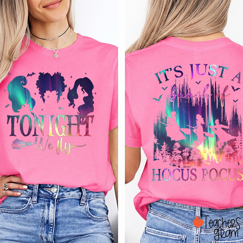Tonight We Fly Witch Silhouette Broom Bat Teacher Two Sided T‑Shirt