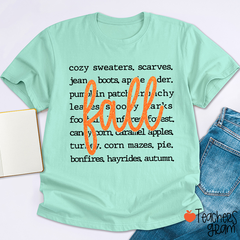 Glitter Fall Autumn Word List Teacher T‑Shirt