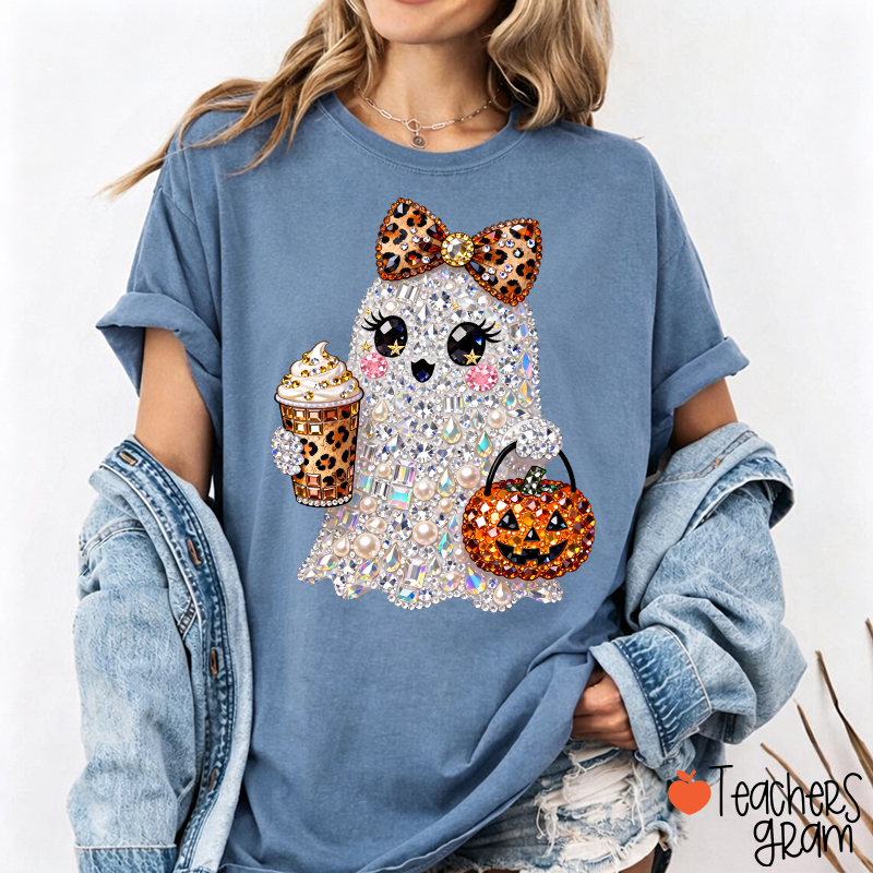 Faux Rhinestone Ghost Leopard Bow Coffee Pumpkin Teacher T-Shirt