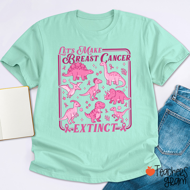 Breast Cancer Extinct Dinosaur Pink Ribbon Support Teacher T-Shirt