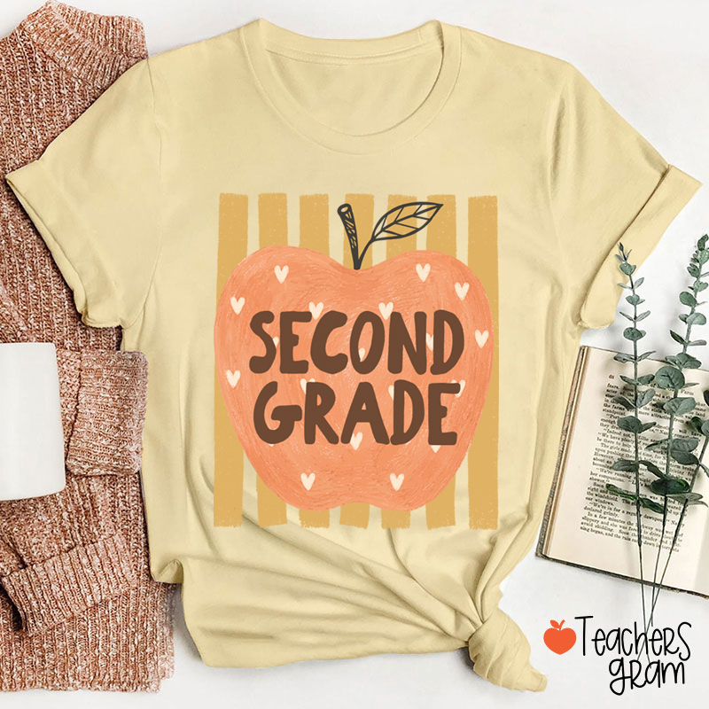 Personalized Grade Heart Apple Vertical Stripe Teacher T-Shirt
