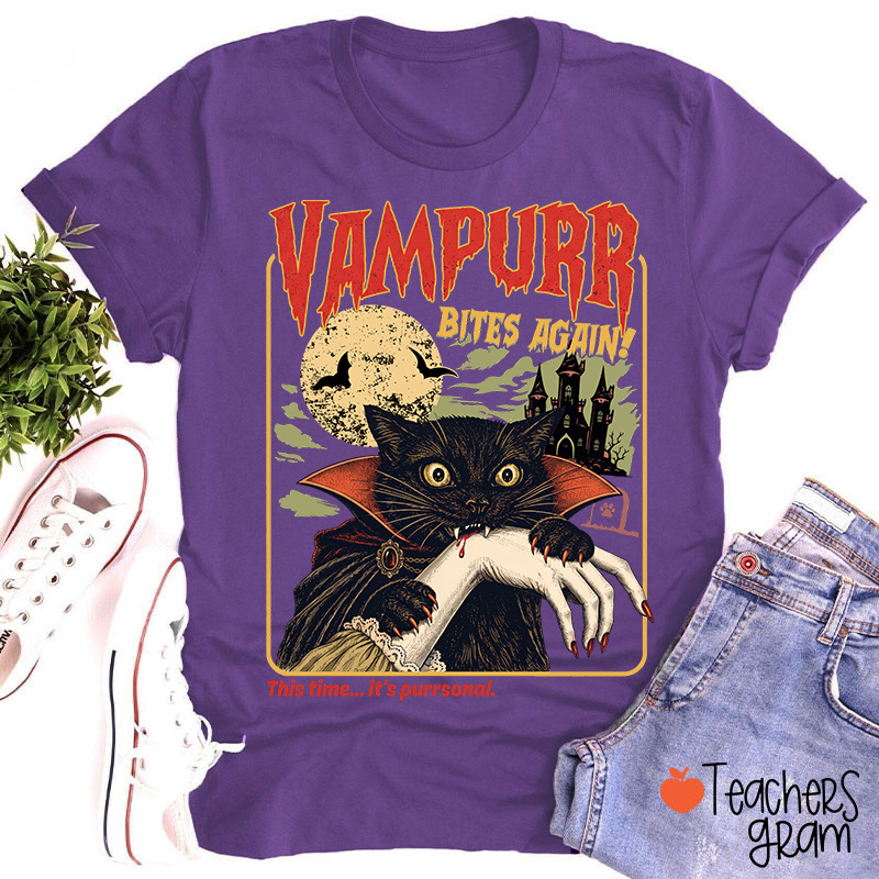 Vampurr Bites Again Vampire Black Cat Halloween Teacher T-Shirt