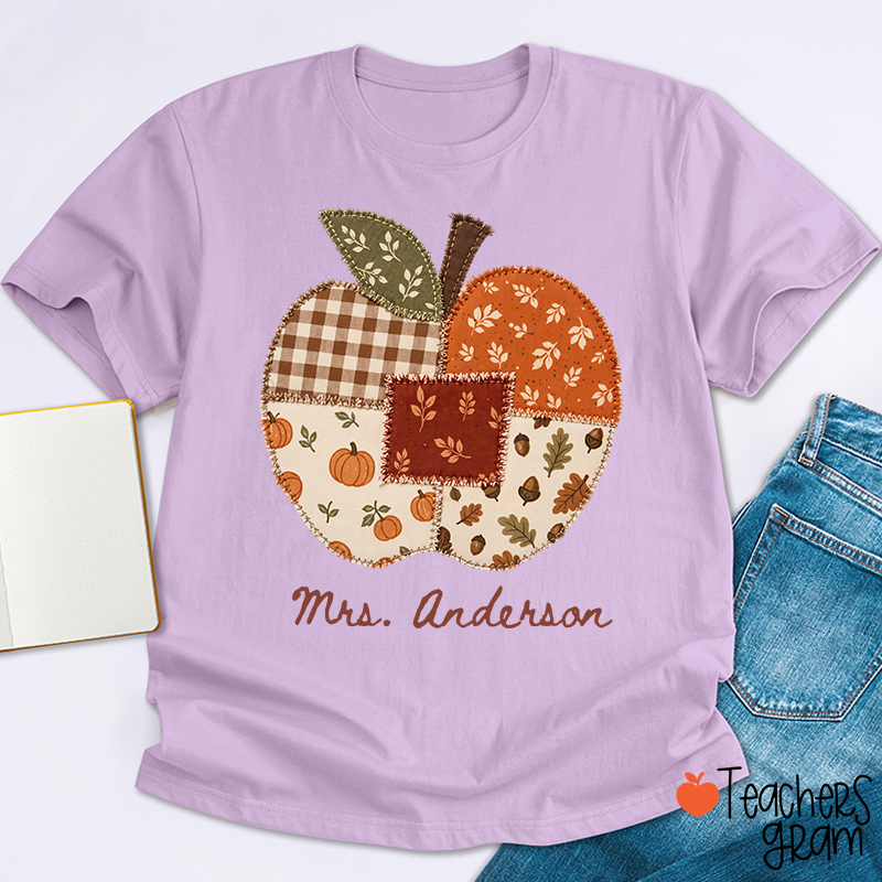 Personalized Name Faux Patchwork Punkpkin Teacher T-Shirt