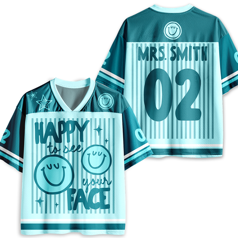 Personalized Name Two Sided Smile Face Striped Jersey Teacher T-Shirt