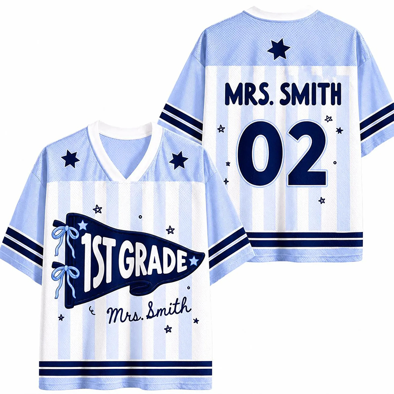 Personalized Grade And Name Preppy Stripes Pennant Fisrt Day Teacher Mesh Jersey