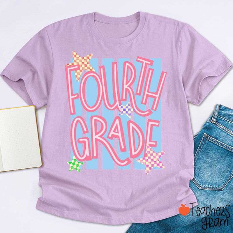 Personalized Grade Stripes Checker Star Teacher T-Shirt