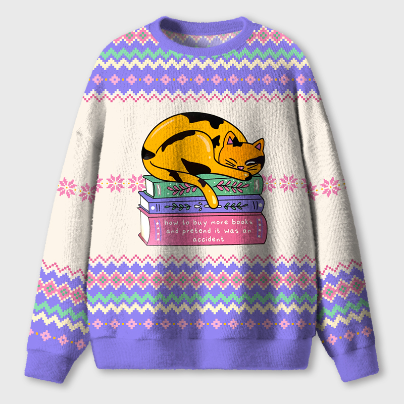 Cat Books Teacher Ugly Fluffy Christmas Sweater