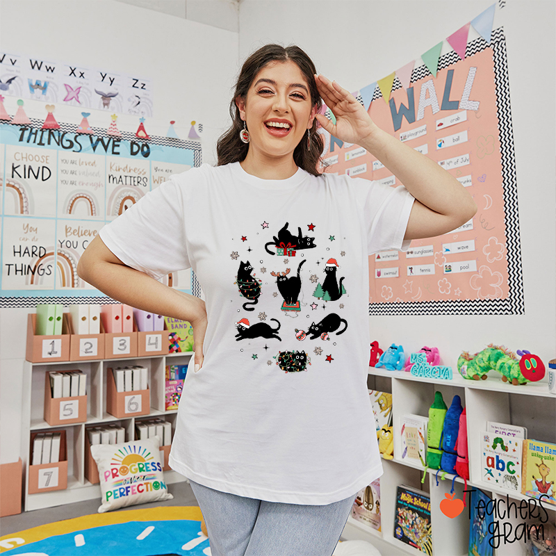 Christmas Black Cat Teacher T-Shirt