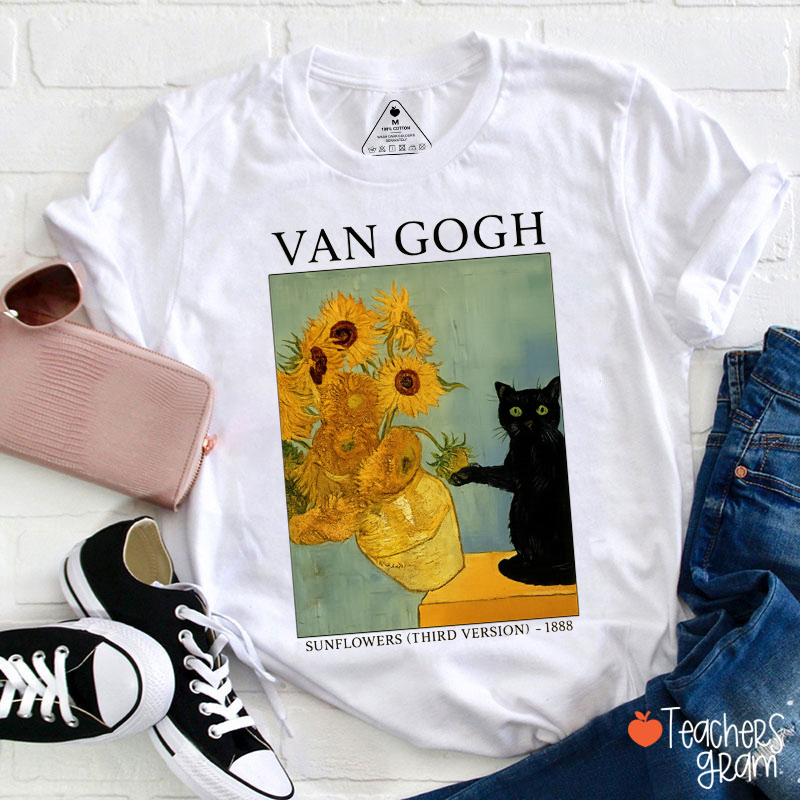 Sunflowers Cute Cat Art Teacher T-Shirt