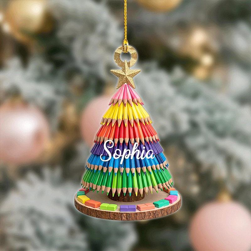 Personalized Name Faux 3D Pencil Christmas Tree Teacher Ceramic Christmas Ornament
